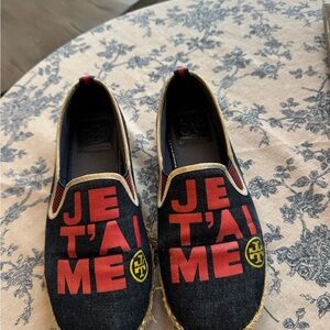 Tory Burch Denim Espadrilles with Red and Yellow Accents